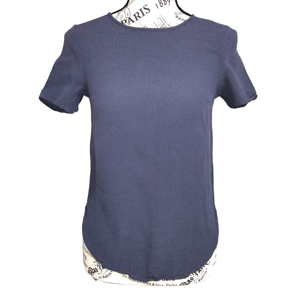H&M SMALL/4 Round Hem Crew Neck Keyhole Back Short Sleeve Crepe Top Blouse Shirt